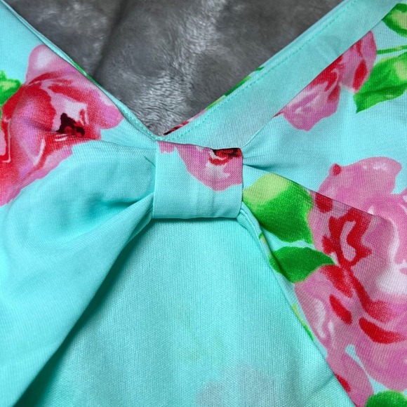 Bo Bel Dress Womens Small Aqua Blue Floral Bow Back Sleeveless Fit Flare Summer - Picture 7 of 16